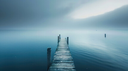 Obraz premium Serene fog over lake with wooden dock
