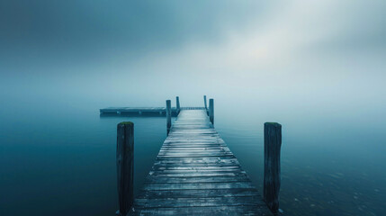 Wooden dock in thick fog with floating raft