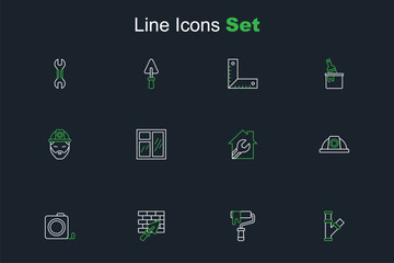Set line Industry metallic pipe, Paint roller brush, Brick wall with trowel, Roulette construction, Worker safety helmet, House wrench spanner, Window room and Builder icon. Vector