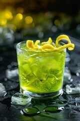green cocktail in an old fashioned glass, with ice and garnished with lemon peels on the rim, illuminated in the style of warm light from above, dark background, close up, macro photography