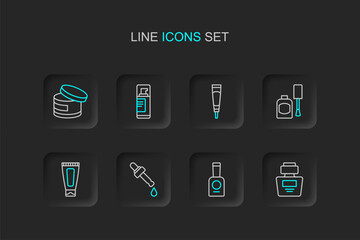 Set line Perfume, Bottle of nail polish, Pipette with oil, Cream or lotion cosmetic tube, Shaving gel foam and icon. Vector