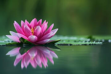 Pink Lotus Flower in Full Bloom with Mirrored Reflection on Calm Water Surrounding Green Leaves