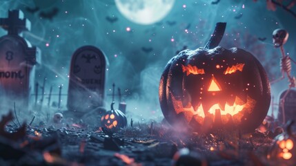 Spooky Halloween Sale Banner with Grinning Jack O' Lantern in Graveyard for Posters and Prints - Powered by Adobe