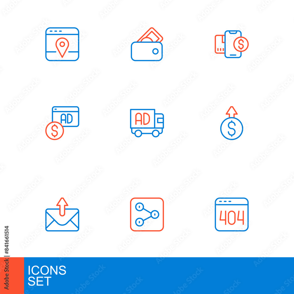 Canvas Prints Set line Page with a 404 error, Share, Mail and e-mail, Financial growth dollar, Advertising, on truck, Mobile and Wallet money icon. Vector