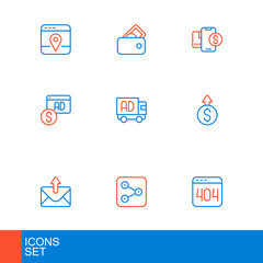 Set line Page with a 404 error, Share, Mail and e-mail, Financial growth dollar, Advertising, on truck, Mobile and Wallet money icon. Vector