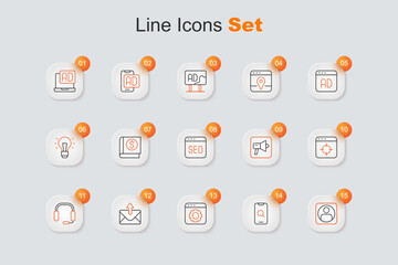 Set line Create account screen, Magnifying glass and mobile, Browser setting, Mail e-mail, Headphones, Target financial goal, Megaphone and SEO optimization icon. Vector