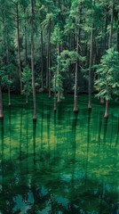 Fototapeta premium Nature's Serenity with Mystical Green Waters and Enchanted Forest Reflections