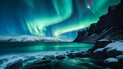 Naklejka premium aurora borealis illuminating snow covered fjord landscape in vibrant hues