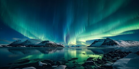 Naklejka premium aurora borealis illuminating snow covered fjord landscape in vibrant hues