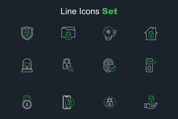 Naklejka premium Set line Lock, Mobile with closed padlock, Fingerprint door, and Ringing alarm bell icon. Vector