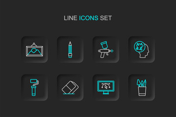 Set line Pencil case stationery, Computer with design program, Eraser or rubber, Paint roller brush, spray, gun, eraser and Picture landscape icon. Vector