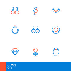 Set line Gem stone, Stud earrings, Diamond, engagement, Earrings, Necklace and Wedding icon. Vector