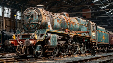 Naklejka premium Historic steam engine locomotive on display, a tribute to the golden age of railways.