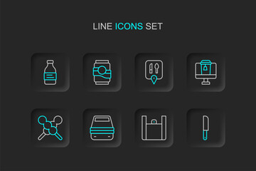 Fototapeta premium Set line Knife, Online ordering food, Lunch box, Meatballs on wooden stick, Cafe and restaurant location, Soda can and Bottle of water icon. Vector