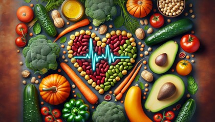 health background from a cardiogram line, heart shape from seeds, grains, greens among bright vegetables, chickpeas, carrots, broccoli, avocado, cucumbers, pumpkin, tomatoes.