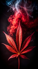 Red Lit Cannabis Leaf With Smoke Rising In Dark Background