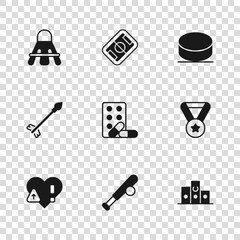 Set Baseball bat with ball, Medal, Award over sports winner podium, Sports doping dumbbell, Hockey puck, Badminton shuttlecock, Football field and Medieval arrows icon. Vector
