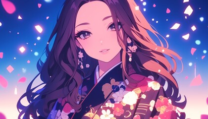 Japanese anime girl in a decorative kimono with cherry blossom petals, stock market indicators, isolated background, ideal for financial success visuals