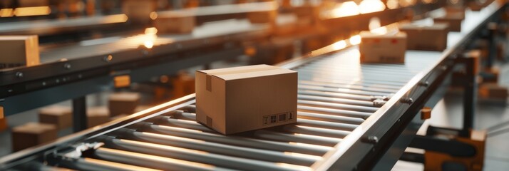 In a stateoftheart warehouse, cardboard boxes are efficiently moved on a modern conveyor belt, showcasing advanced logistics operations such as packaging, shipping, distribution, and automation