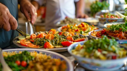 Obraz premium Detailed view of an iftar meal being prepared in a kitchen, with hands arranging food on platters