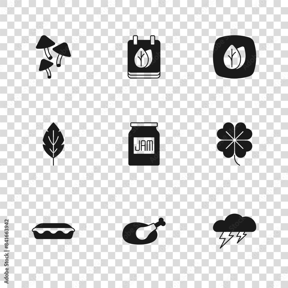 Poster Set Roasted turkey or chicken, Four leaf clover, Cloud and lightning, Jam jar, Leaf, Mushroom, Calendar with autumn leaves and icon. Vector