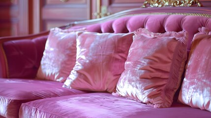 sleek interior deign with abstract cession set in pink color on the sofa wit hone sofa type new chair on the front of the isolated blue color 