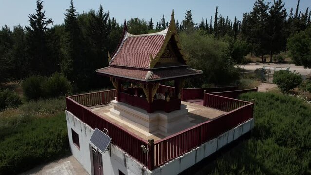 Aerial Panning Shot Of Famous Buddhist Temple , Ben Shemen Forest, Israel