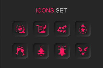 Set Christmas tree, Envelope, ball, ringing bell, Reindeer, Carnival garland with flags and Glass of champagne icon. Vector