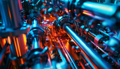 A close up of a machine with many pipes and wires