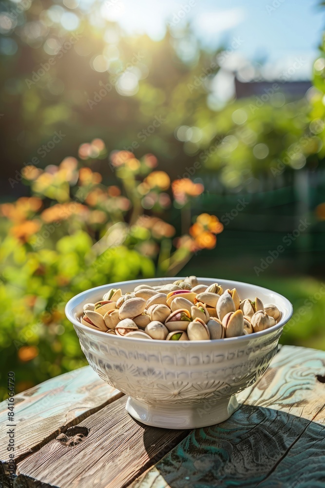 Wall mural pistachios in a bowl in a white bowl on a wooden table. selective focus