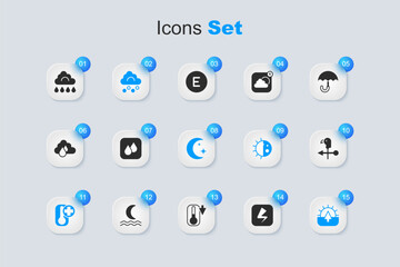 Set Lightning bolt, Water drop, Hail cloud, Thermometer, Sunrise, Rooster weather vane, Cloud with rain and Moon and stars icon. Vector