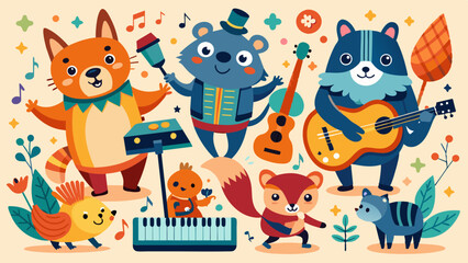 Isolated set with cute animals playing on different music instruments in Scandinavian style. Cartoon animals playing music. Ideal kids design, for fabric, wrapping, textile, wallpaper, apparel