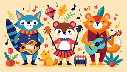 Isolated set with cute animals playing on different music instruments in Scandinavian style. Cartoon animals playing music. Ideal kids design, for fabric, wrapping, textile, wallpaper, apparel