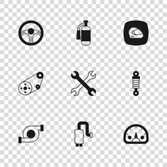 Set Car muffler, Shock absorber, Speedometer, Wrench spanner, Racing helmet, steering wheel, Fire extinguisher and Timing belt kit icon. Vector