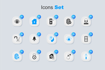 Set Bomb, Ringing alarm bell, House under protection, Cancelled fingerprint, Key, Mobile with scanner, Security keypad access panel and Lock icon. Vector