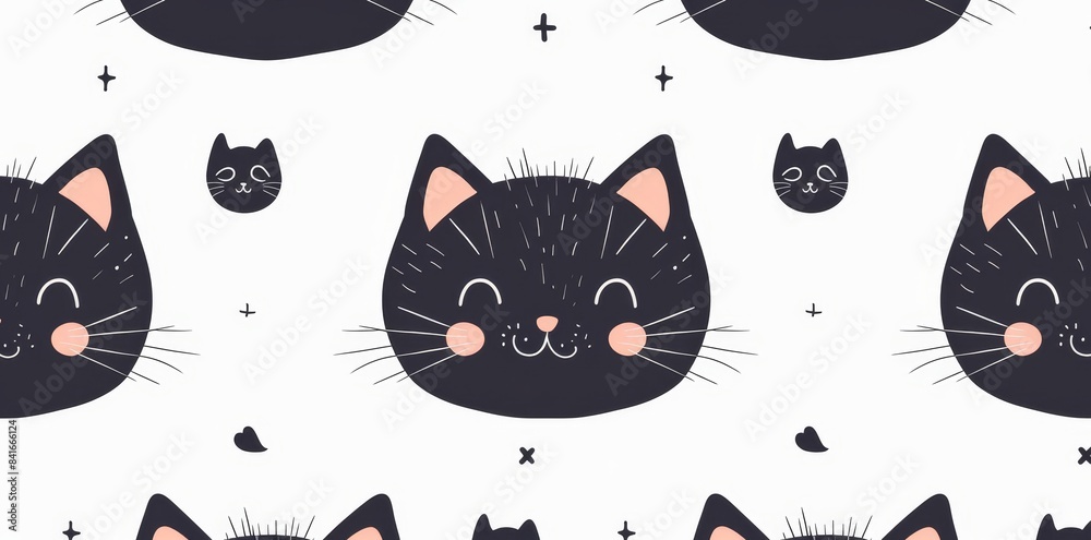 Wall mural An illustrated black kitten seamless pattern with calico neko doodles. The background is repeated as wallpaper scarf. - Wall murals