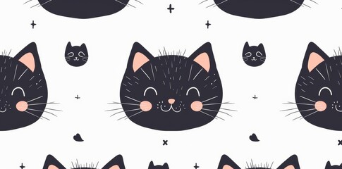 An illustrated black kitten seamless pattern with calico neko doodles. The background is repeated as wallpaper scarf.