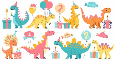 Cartoon illustration of dinosaurs celebrating their birthday with gifts and inflatable balloons.