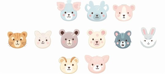 Cute animals icons, zoo cartoon characters in asian style. Funny chinese or korean stickers of the day.