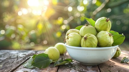 guavas in a bowl in a white bowl on a wooden table. Selective focus