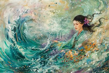 The Fluidity of Art: Japanese Girl's Style Reflecting the Majesty of the Sea, generative ai