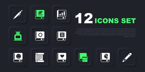 Set Law book, Pencil with eraser, User manual, Daily paper notepad, Inkwell, Decree, parchment, scroll, Book about ecology and Romance icon. Vector