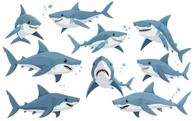 A funny ocean fish character set featuring shark emotions. A shark fish mascot. Comic style modern character set illustrating wild fish in a comic style.