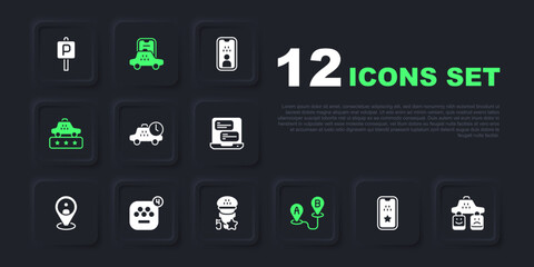 Set Taxi mobile app, service rating, waiting time, Route location, and icon. Vector