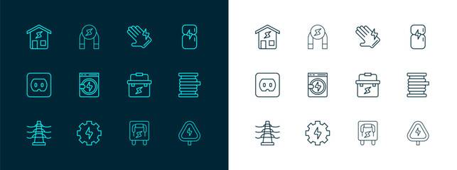 Set line Refrigerator, Gear and lightning, Toolbox electrician, Electrical panel, Washer, glove, Smart home and Magnet icon. Vector