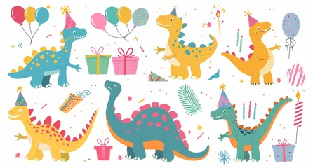 Cartoon illustration of adorable dinosaurs with present boxes and balloons. Adorable prehistoric animals celebrate a birthday with a set of present boxes and balloons.