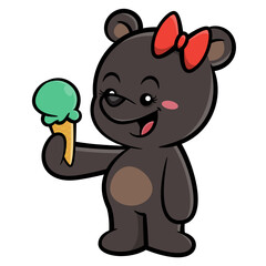 Cute little bear cartoon characters wearing butterfly hair tie. Eating an ice cream at summer. Best for sticker, logo, and mascot for ice cream shop