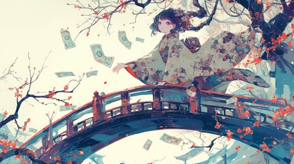 Charming anime girl on a bridge surrounded by plum blossoms, stock market chart overlay, white background, perfect for professional and creative financial content