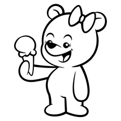 Cute little bear cartoon characters wearing butterfly hair tie. Eating an ice cream at summer. Best for outline, logo, and coloring book for ice cream shop