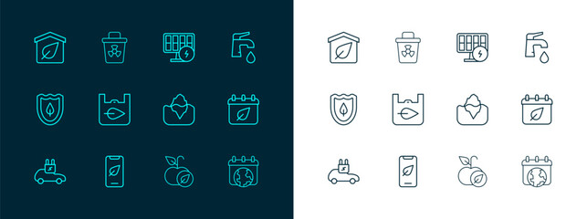 Set line Water tap, Mobile phone with leaf, Iceberg, Apple, Shopping bag recycle, Solar energy panel, Eco friendly house and Infectious waste icon. Vector